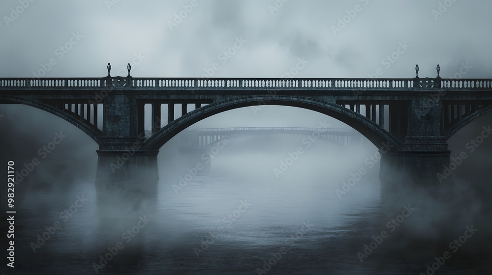 An old stone bridge stretches over a river shrouded in thick fog. An old stone bridge stretches over a river shrouded in thick fog.