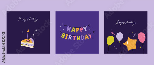 Happy birthday squared card set. Trendy greeting cards with ballon garland, slice bento cake. Cute and elegant vector illustration templates in simple style