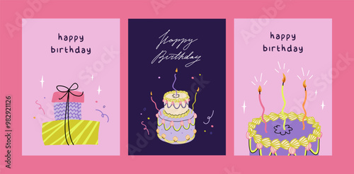 Happy birthday card set. Trendy greeting cards with ruffle cake, candles, gifts. Cute and elegant vector illustration templates in simple style