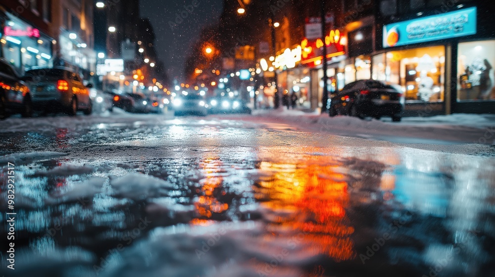 Night street scene with wet, icy pavement reflecting colorful neon lights. Cars and storefronts are visible in the background, along with falling snowflakes. Night street scene with wet, icy pavement reflecting colorful neon lights. Cars and storefronts are visible in the background, along with falling snowflakes.