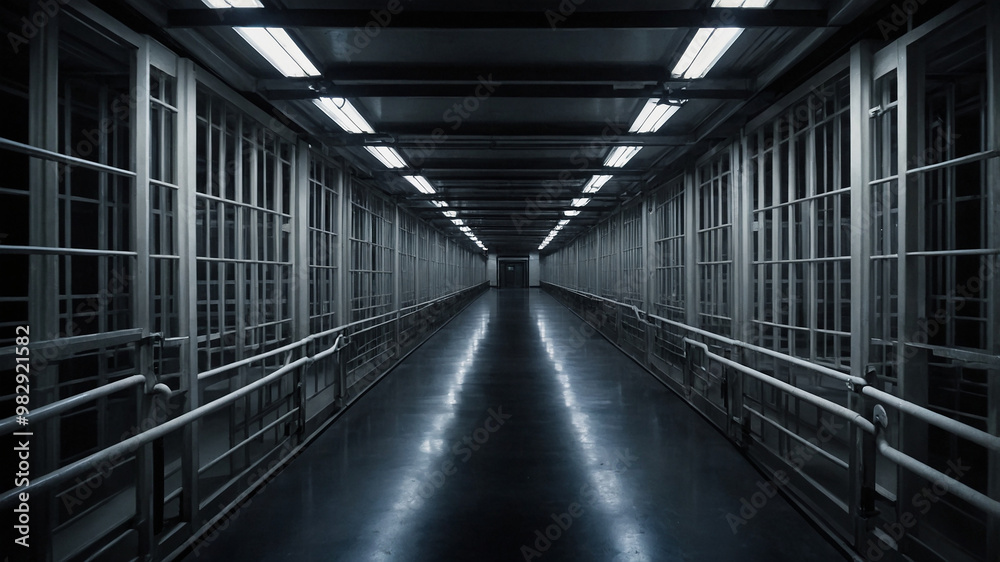 Long corridor in a dimly lit prison with barred cells on both sides and a door at the end. Long corridor in a dimly lit prison with barred cells on both sides and a door at the end.
