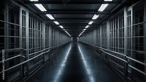 Long corridor in a dimly lit prison with barred cells on both sides and a door at the end.