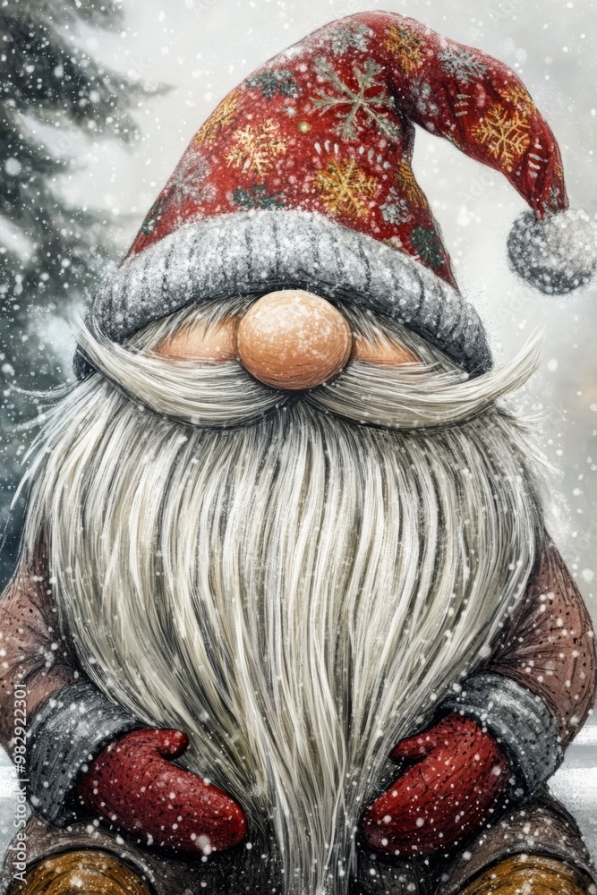 a cheerful close-up of a holiday gnome with a long, white beard and a festive hat, sitting on a snowy porch illustration a cheerful close-up of a holiday gnome with a long, white beard and a festive hat, sitting on a snowy porch illustration