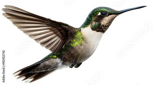 Hummingbird in Flight with Green and White Feathers Flying Near White Flowers Isolated on Transparent Background