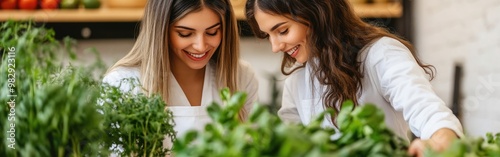 Two women smile as they browse an array of fresh produce in a supermarket