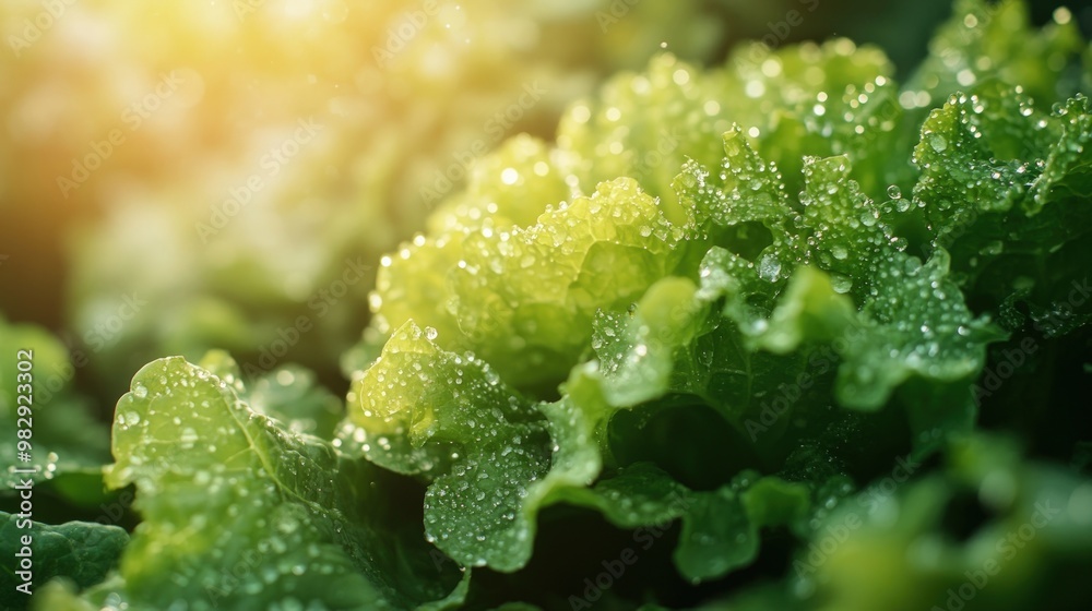 Closeup of fresh green lettuce leaves covered in dew drops, illuminated by warm sunlight. Closeup of fresh green lettuce leaves covered in dew drops, illuminated by warm sunlight.
