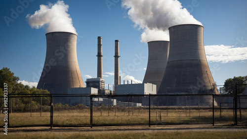 Nuclear power plant with three cooling towers and clear blue sky in the background, emitting white steam.