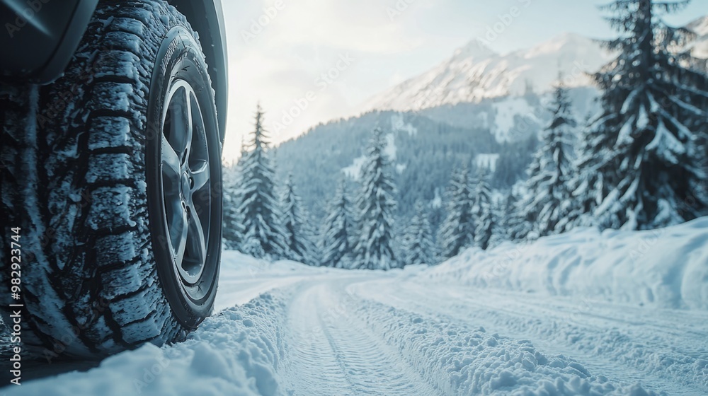 Closeup view of the cars wheel on the snowy road in natural park Closeup view of the cars wheel on the snowy road in natural park