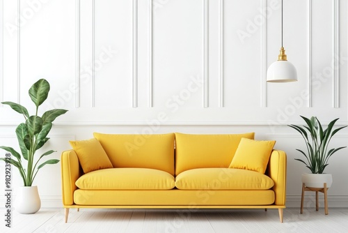 Modern Scandinavian Living Room Interior with Yellow Sofa and Green Plant on White Wall Background