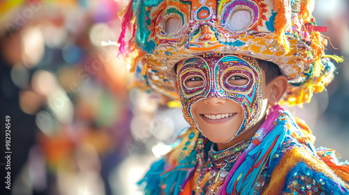 A Latino boy wearing traditional Bolivian morenada costume with elaborate masks and beadwork, participating in a cultural parade. photo