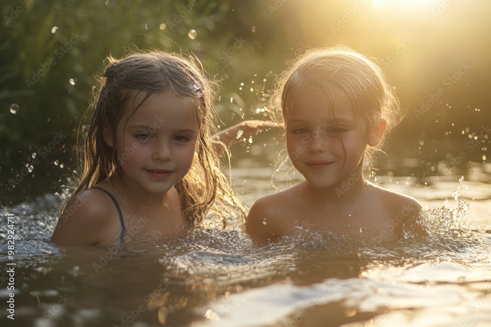 Obraz premium Summer Memories. Light Reflection on Water with Sisters in Stock Photo