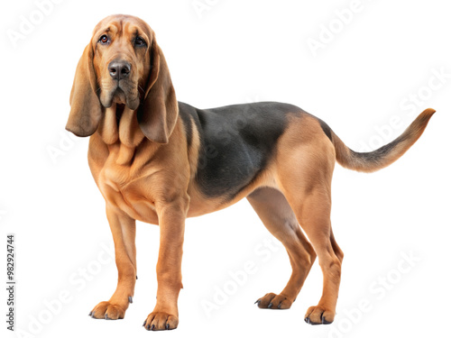 Bloodhound dog standing and looking at camera, isolated on a white background