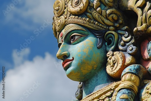 Sun God Statue: Vibrant Sculpture of Hindu Surya Against Blue Sky