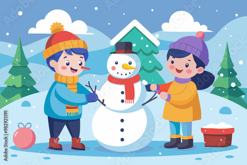  two children building a snowman VECTOR illustration 