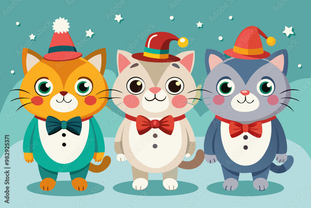 Obraz premium Adorable cartoon character cats wearing festival hats VECTOR illustration 