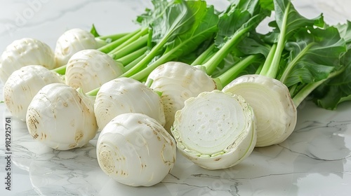 Fresh kohlrabi with green leaves on isolated white backround. full depth of field  photo