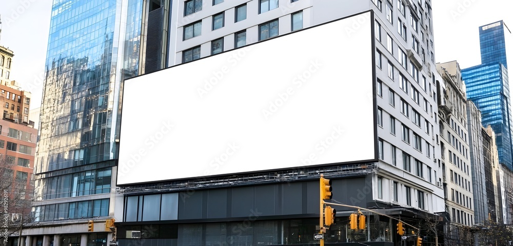 Obraz premium Sleek Modern Building Featuring a Prominent Blank Billboard, Ideal for Eye-Catching Urban Advertisements.