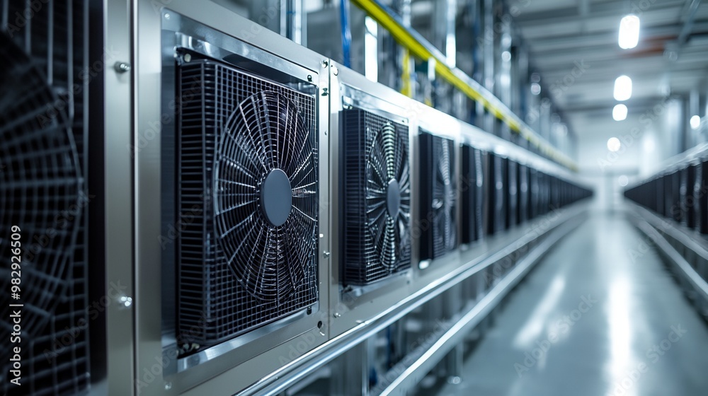 Fototapeta premium A row of industrial fans are lined up in a factory. The fans are black and silver, and they are all turned off. Concept of efficiency and organization, as the fans are neatly arranged in a row