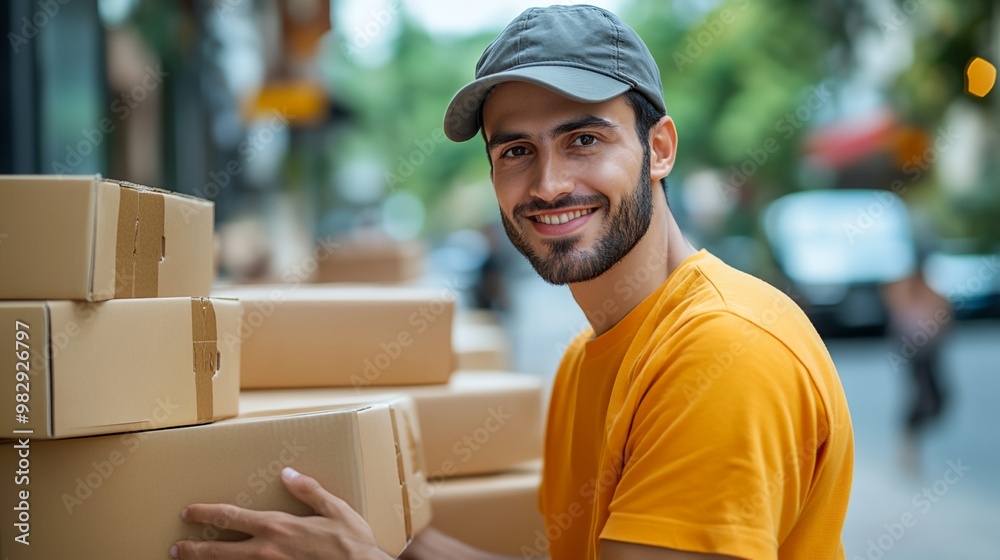 A man in a yellow shirt is smiling and holding a box. He is wearing a hat and he is happy A man in a yellow shirt is smiling and holding a box. He is wearing a hat and he is happy