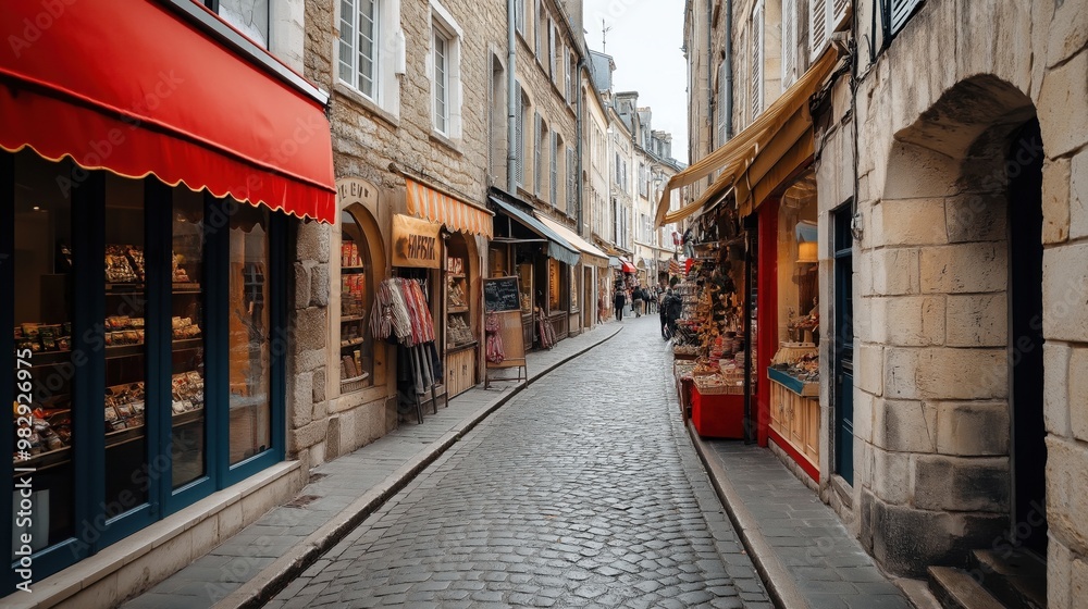 Fototapeta premium Narrow cobblestone street lined with quaint shops with awnings in an old town, featuring a mix of shopping displays, buildings with stone facades, and people in the distance.