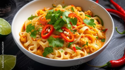 A bowl of coconut curry noodles in creamy sauce, garnished with fresh coriander and chopped red chili pepper, squeezed lime juice adds extra piquancy.