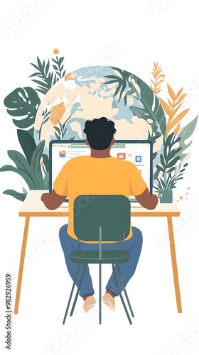 A man, woman, is sitting at his desk with the laptop screen showing social media on it, a flat design illustration