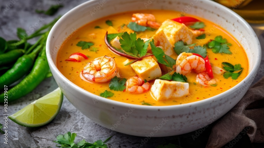 A plate of creamy coconut curry soup seasoned with shrimp, tofu, bell pepper and green peas, fresh coriander leaves as a side dish. A plate of creamy coconut curry soup seasoned with shrimp, tofu, bell pepper and green peas, fresh coriander leaves as a side dish.