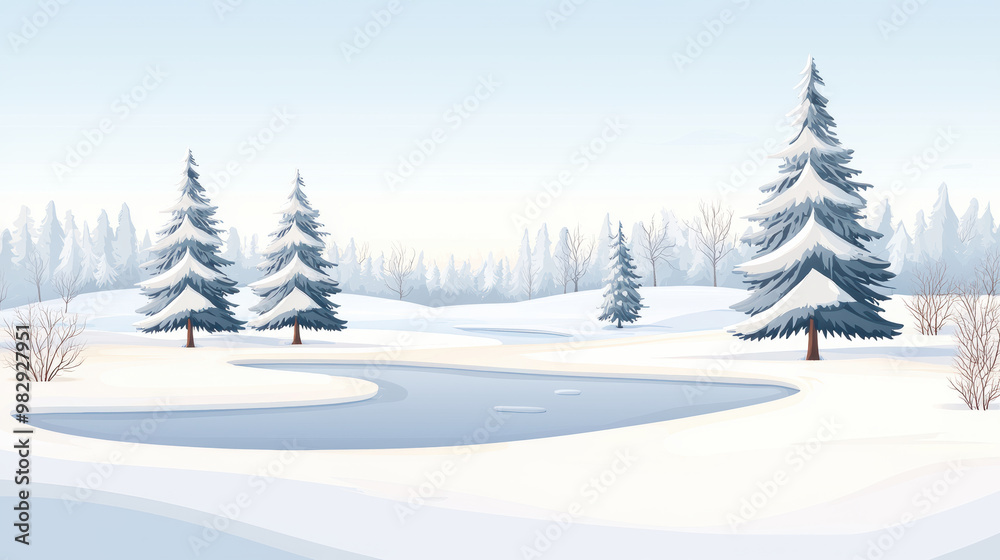 Fototapeta premium A serene winter landscape featuring snow covered trees and frozen lake, creating peaceful and tranquil atmosphere. soft colors enhance beauty of snowy scene