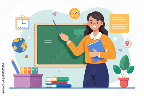 VECTOR illustration of a female teacher pointing towards a smart or whiting board