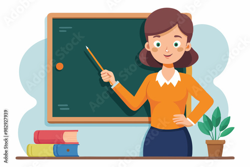 VECTOR illustration of a female teacher pointing towards a smart or whiting board