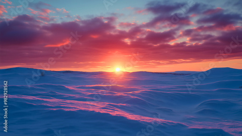 Stunning arctic sunset over a snowy tundra landscape, with the sun casting red and pink hues across the frozen horizon, creating a serene winter scene under a clear, frosty sky, cold weather nature