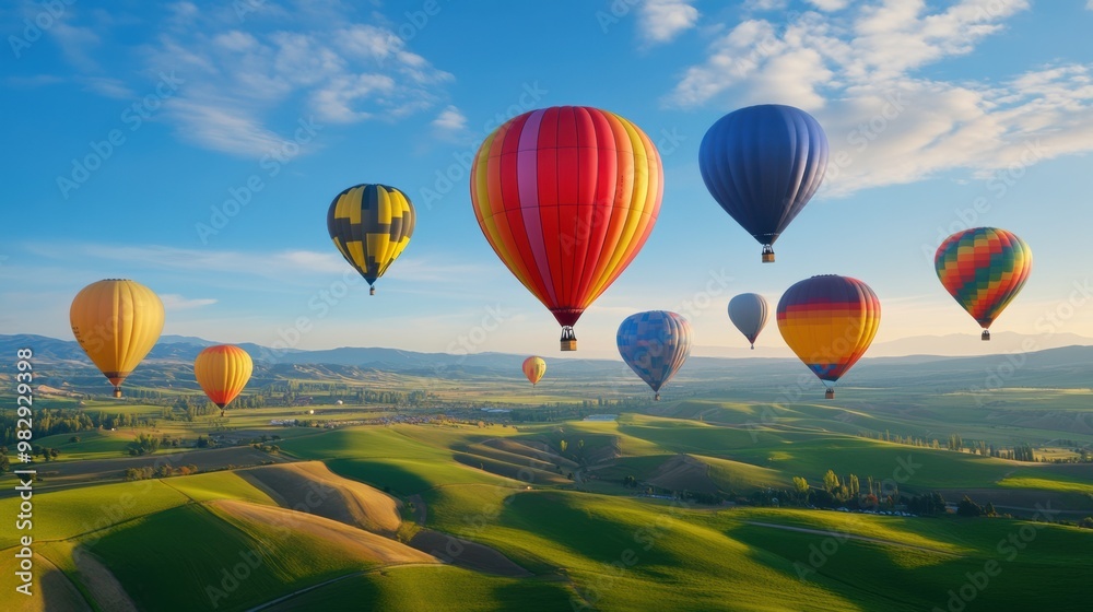 Fototapeta premium A group of hot air balloons flying over a green field, AI