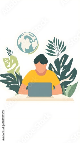 A man, woman, is sitting at his desk with the laptop screen showing social media on it, a flat design illustration