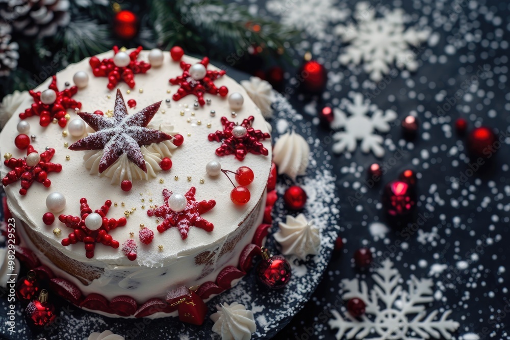 Festive Christmas Cake with Ornaments, Pinecones, and Holiday Decorations on Dark Background Festive Christmas Cake with Ornaments, Pinecones, and Holiday Decorations on Dark Background