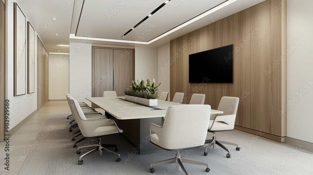 Fototapeta premium Modern conference room with elegant design, large table, comfortable chairs, and ample natural light for productive meetings.