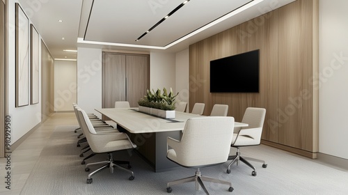 Modern conference room with elegant design, large table, comfortable chairs, and ample natural light for productive meetings.