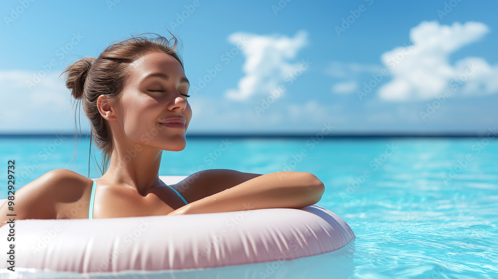 Relaxing woman in pool float, enjoying sunny beach vacation in Caribbean. serene atmosphere and clear blue water create perfect summer getaway Relaxing woman in pool float, enjoying sunny beach vacation in Caribbean. serene atmosphere and clear blue water create perfect summer getaway