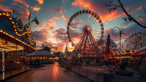 great fair with games and wheel of fortune in a beautiful dramatic sunset