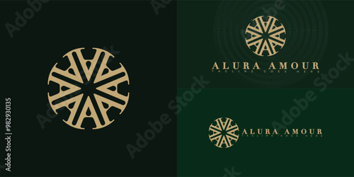 Modern circle vector initial letter A or AA logo in gold color isolated on multiple background colors. The logo is suitable for beauty and wellness product logo design inspiration templates.