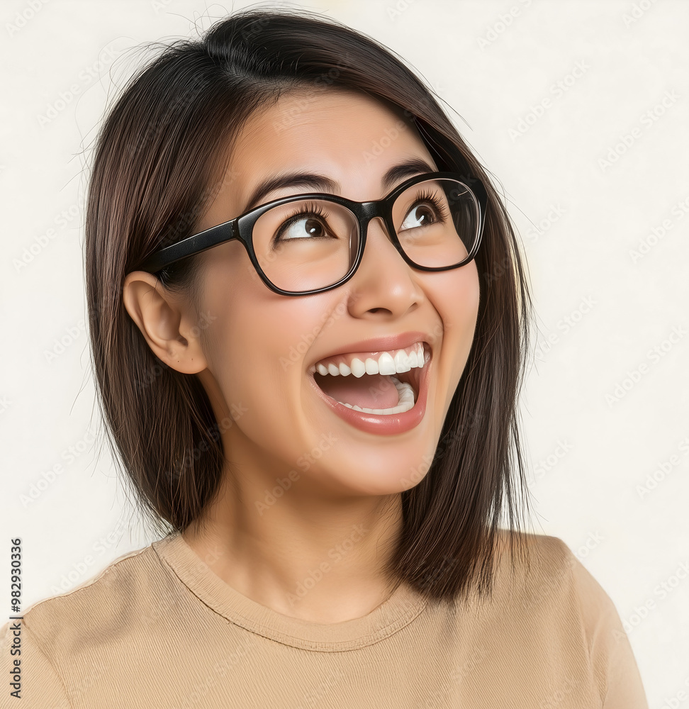 A young woman flashes a radiant smile with a wild, excited expression. A young woman flashes a radiant smile with a wild, excited expression.