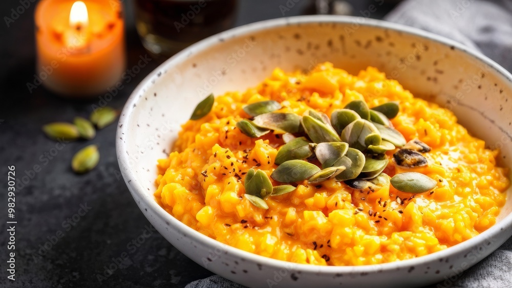 A dish with pumpkin risotto in cream sauce, garnished with toasted pumpkin seeds, seasoned with balsamic vinegar. A dish with pumpkin risotto in cream sauce, garnished with toasted pumpkin seeds, seasoned with balsamic vinegar.