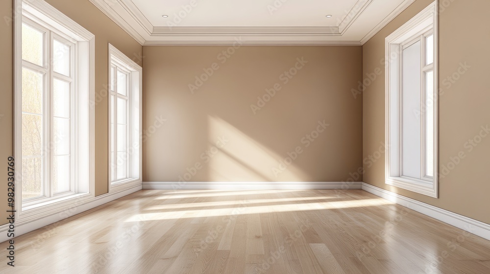 Fototapeta premium Empty interior corner featuring light brown walls white ceiling and light parquet flooring with a white plinth Unfurnished room viewed from a perspective angle 3D illustration Ultra HD