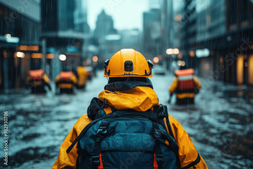 Wallpaper Mural An emergency response crew managing urban flooding, ensuring residents are evacuated safely from high-rise buildings Torontodigital.ca