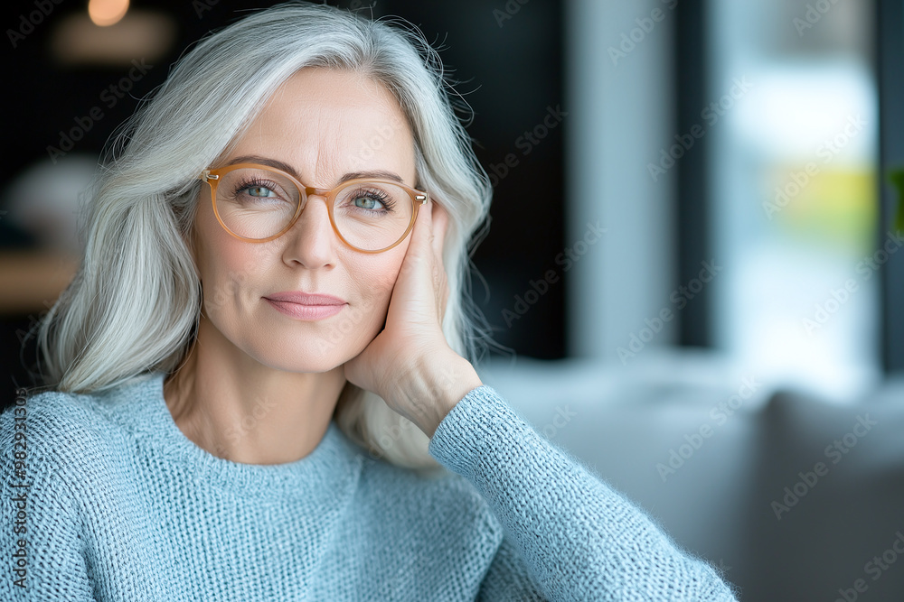 A mature woman with long gray hair and glasses is sitting comfortably, resting her head on her hand, exuding calm and thoughtful demeanor A mature woman with long gray hair and glasses is sitting comfortably, resting her head on her hand, exuding calm and thoughtful demeanor