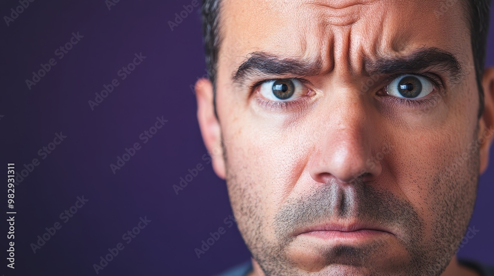 Obraz premium Frustrated Man with Strong Expression Against Purple Background