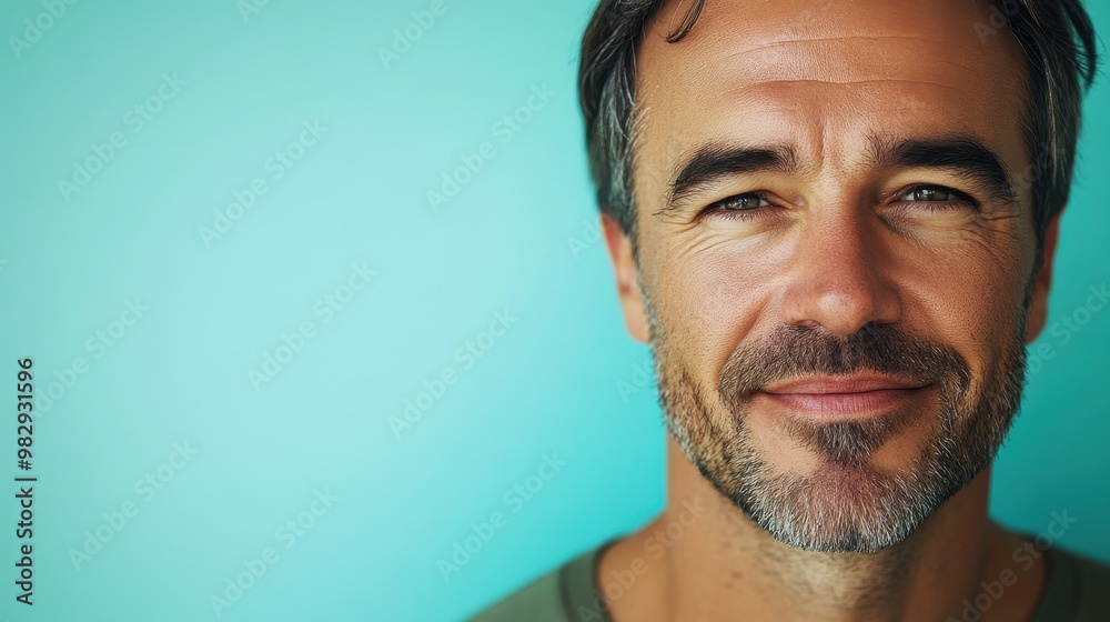 Smiling man with beard against a turquoise background Smiling man with beard against a turquoise background
