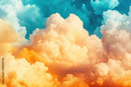 Cartoon cloud shaped like a fluffy animal, surrounded by smaller puffy clouds, set against a colorful sunset sky