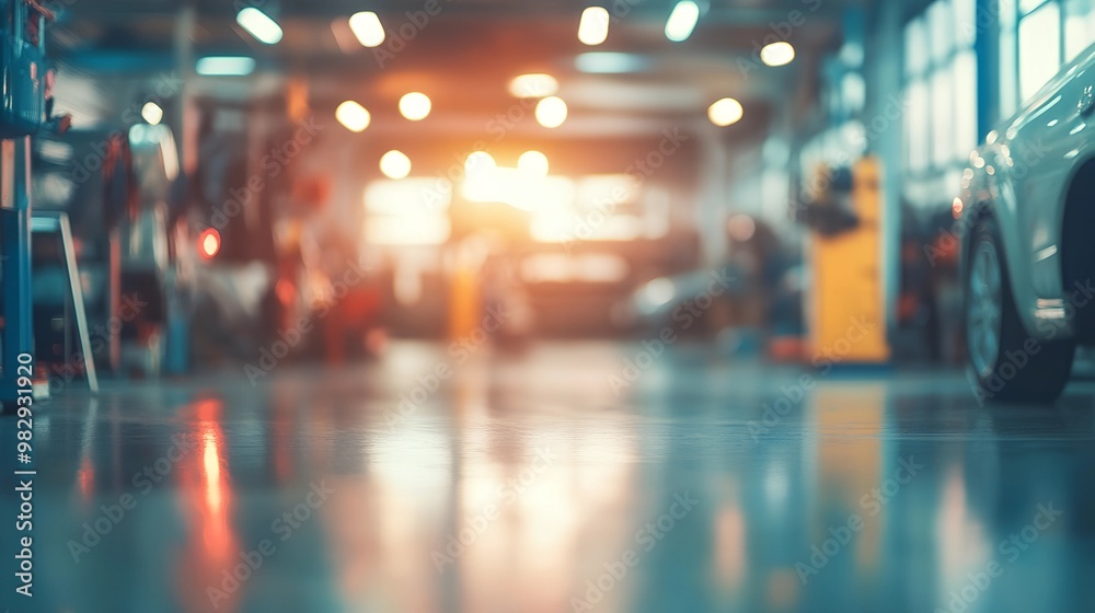 The abstract blurry image depicts a blurred car garage interior, a blurred mechanic service center, and a blurry car care station background. The abstract blurry image depicts a blurred car garage interior, a blurred mechanic service center, and a blurry car care station background.