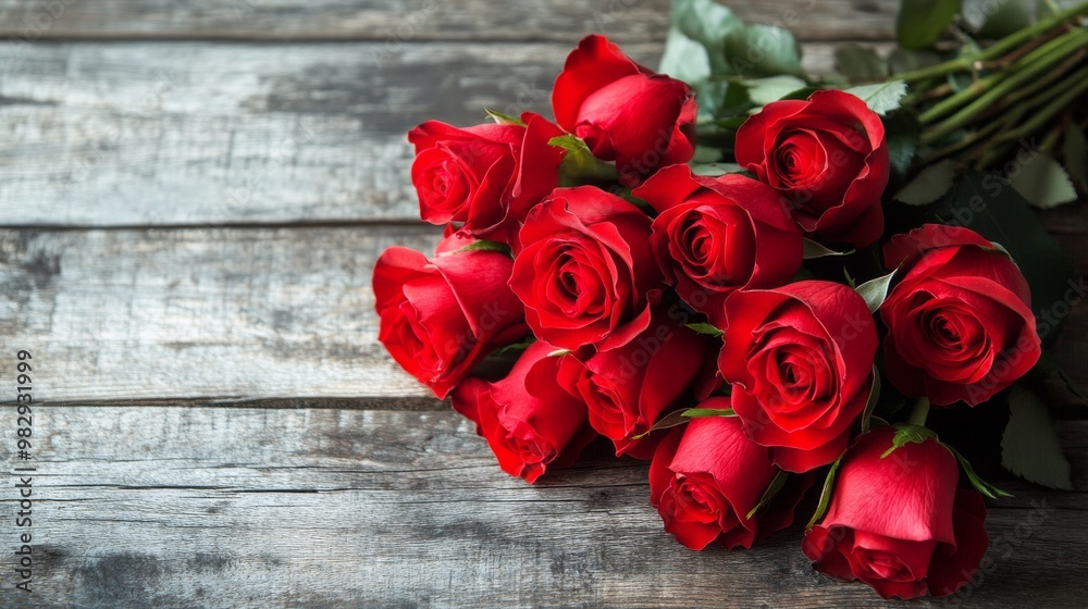A bouquet of bright red roses sits on a rustic wooden surface. A bouquet of bright red roses sits on a rustic wooden surface.