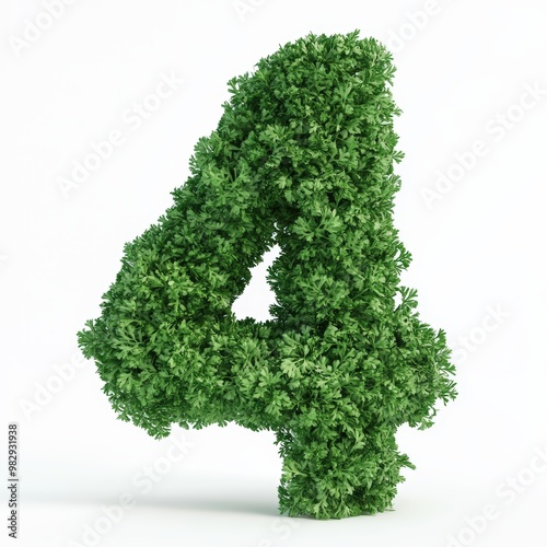 3D number 4 with parsley texture realistic modern design, soft lighting, white background.